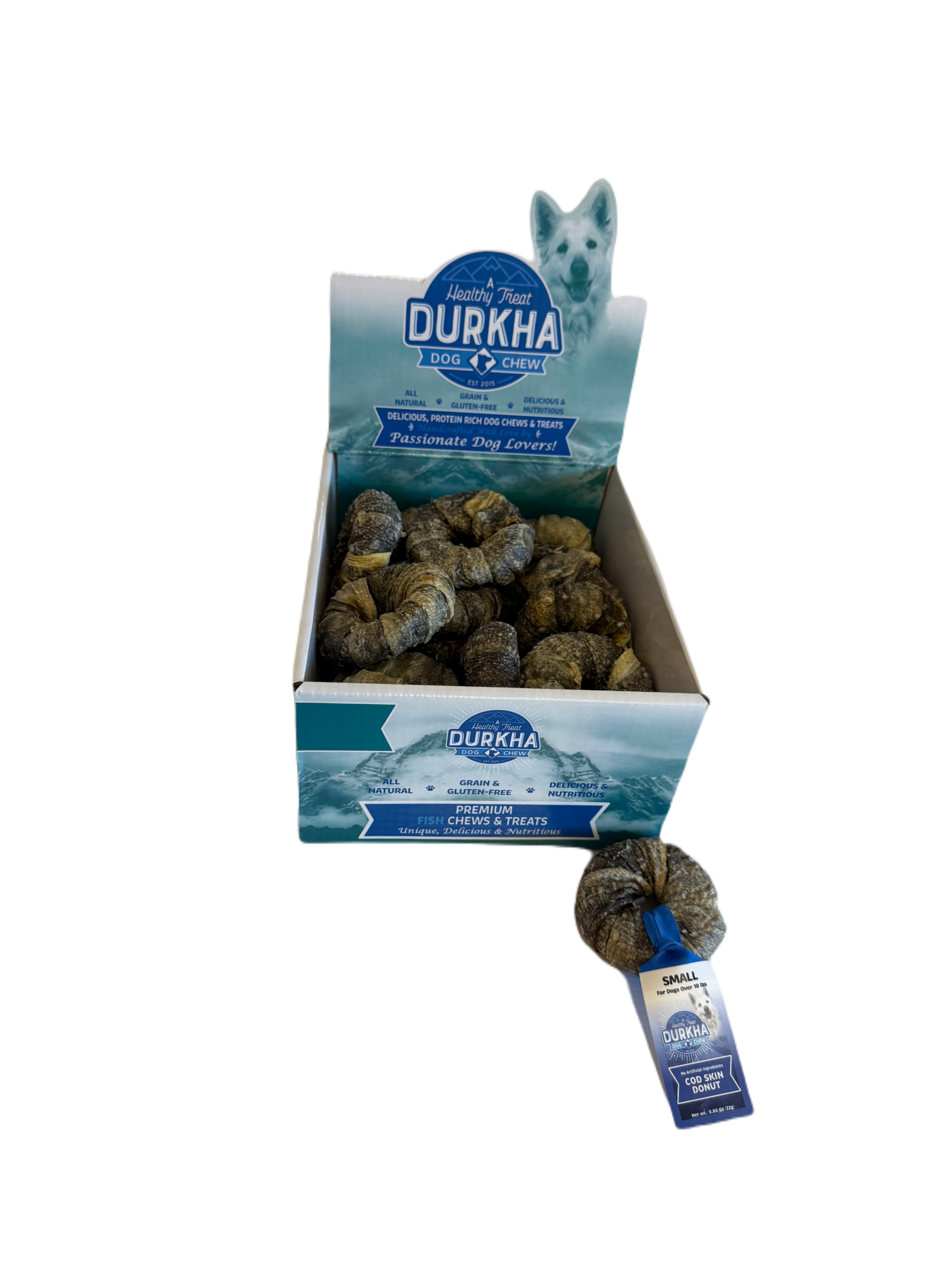 Durkha Cod Skin Donuts – Small (SMALL PDQ23) – FULL BOX of Individually Tagged Units