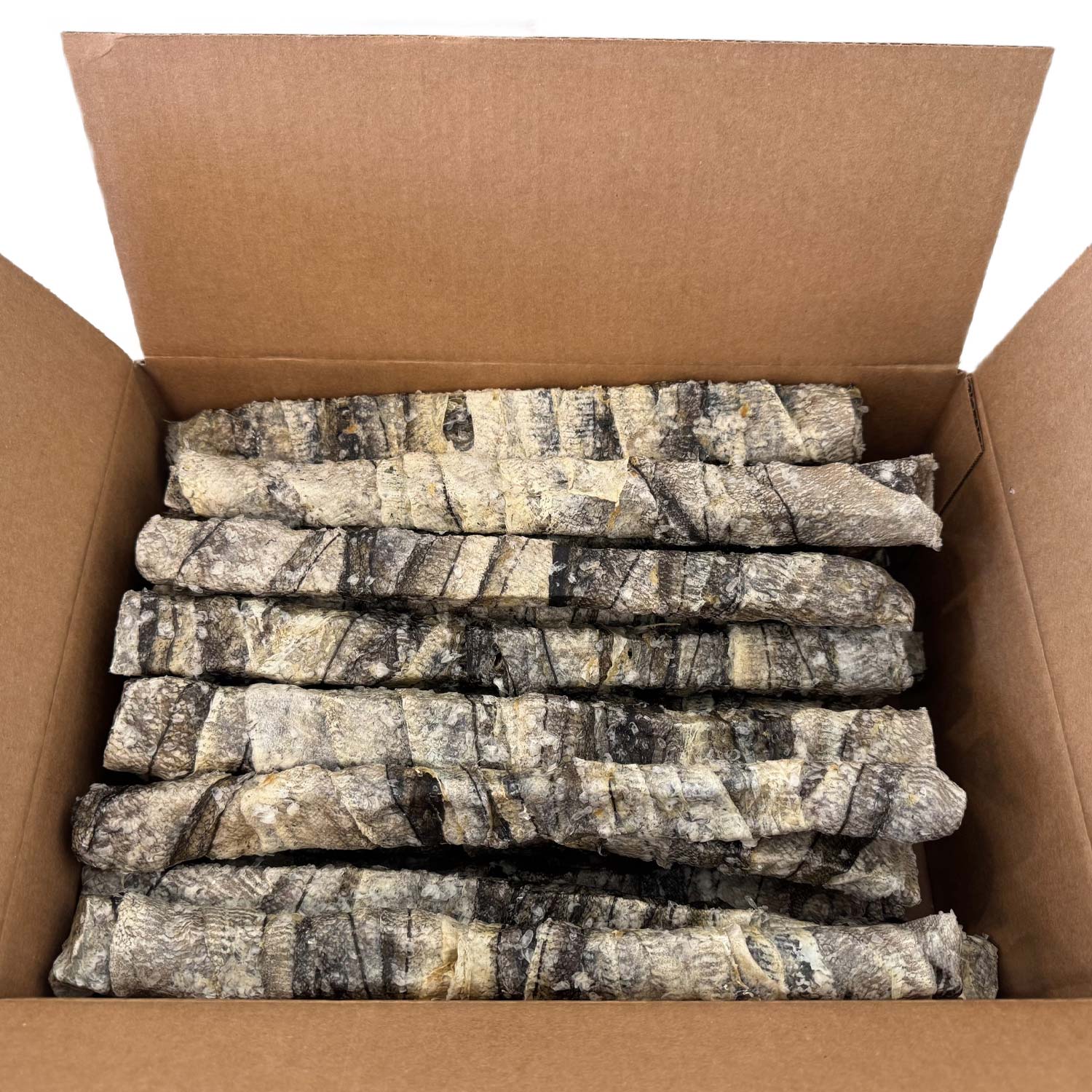 Open cardboard box of 12-inch cod skin bar dog treats