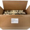 Partially open cardboard box of 12-inch cod skin bar dog treats with white sticker on box flap