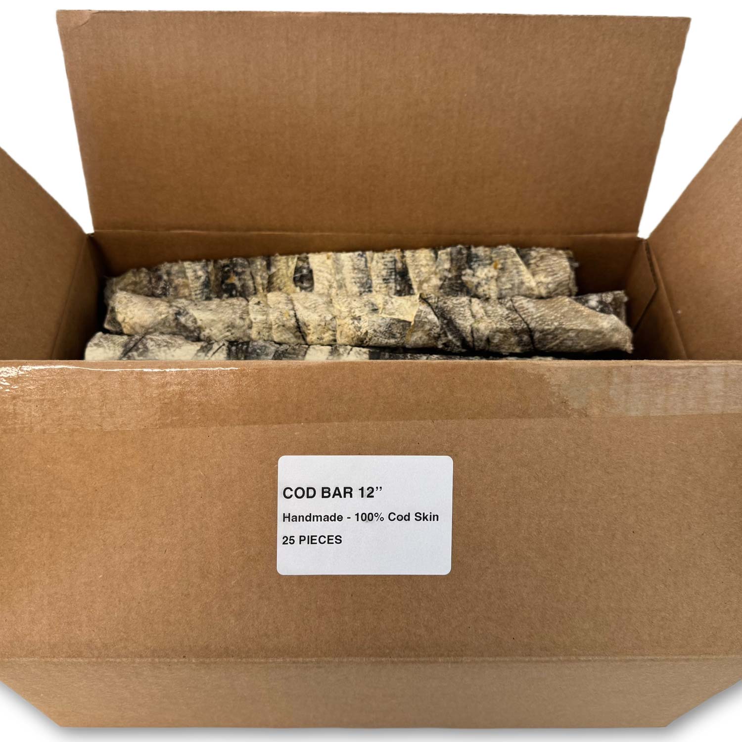 Partially open cardboard box of 12-inch cod skin bar dog treats with white sticker on box flap