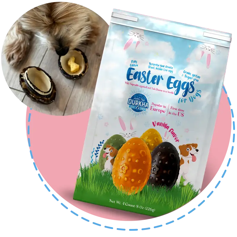 Package of edible dog easter eggs and a dog inspecting the treat inside the egg.
