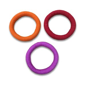 Three cat ring toys of various colors, orange, red, and purple